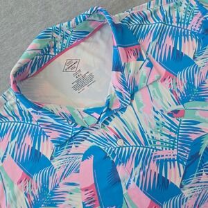 St Johns Bay Mens XXL Quick-Dri Classic Fit Tropical Palm Polo Shirt Blue Pink